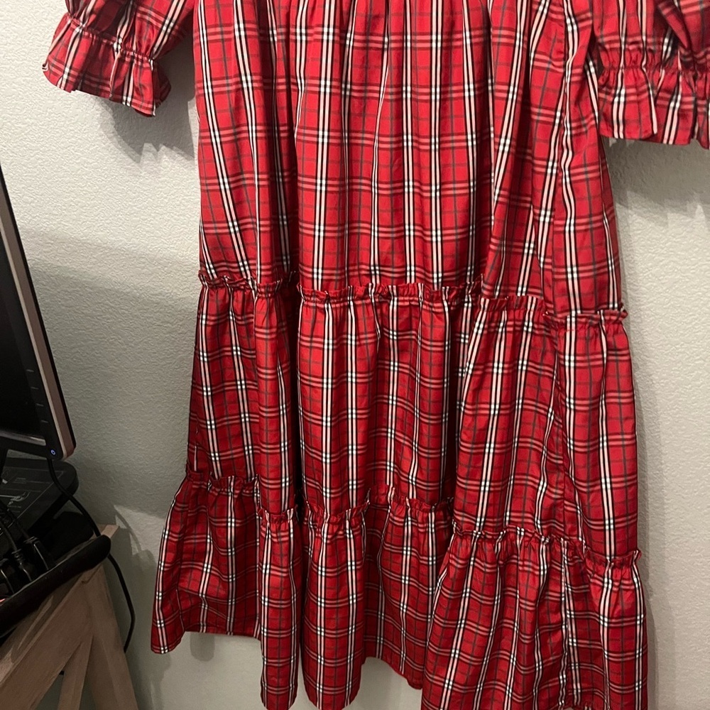 Festive Plaid Smocked Midi Dress with Puff Sleeves in Red - Picture 8 of 8